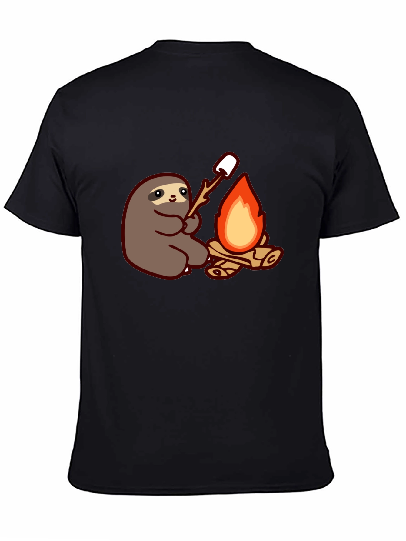 Camiseta Negra con Diseño de Perezoso Asando Malvaviscos