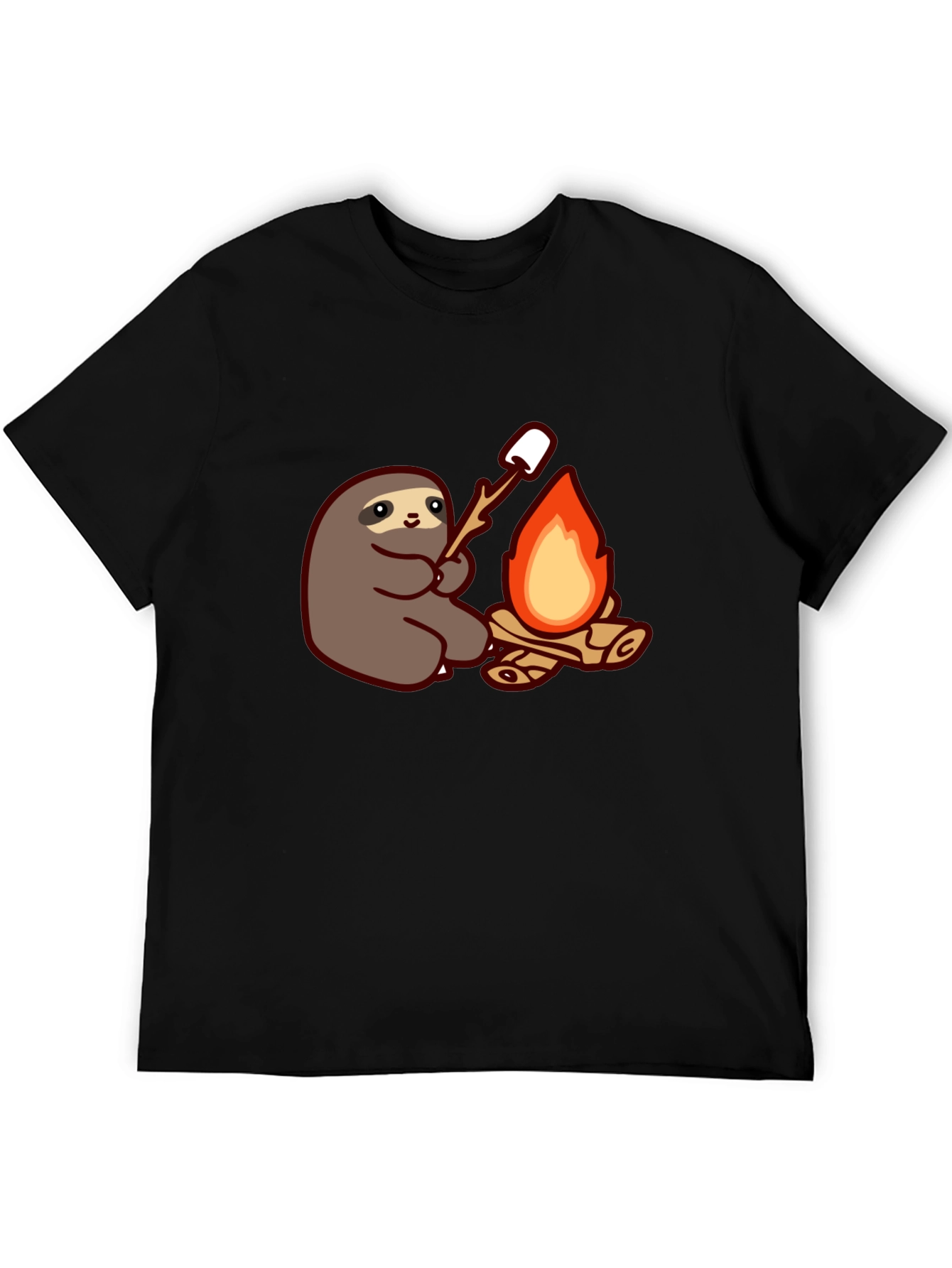 Camiseta Negra con Diseño de Perezoso Asando Malvaviscos