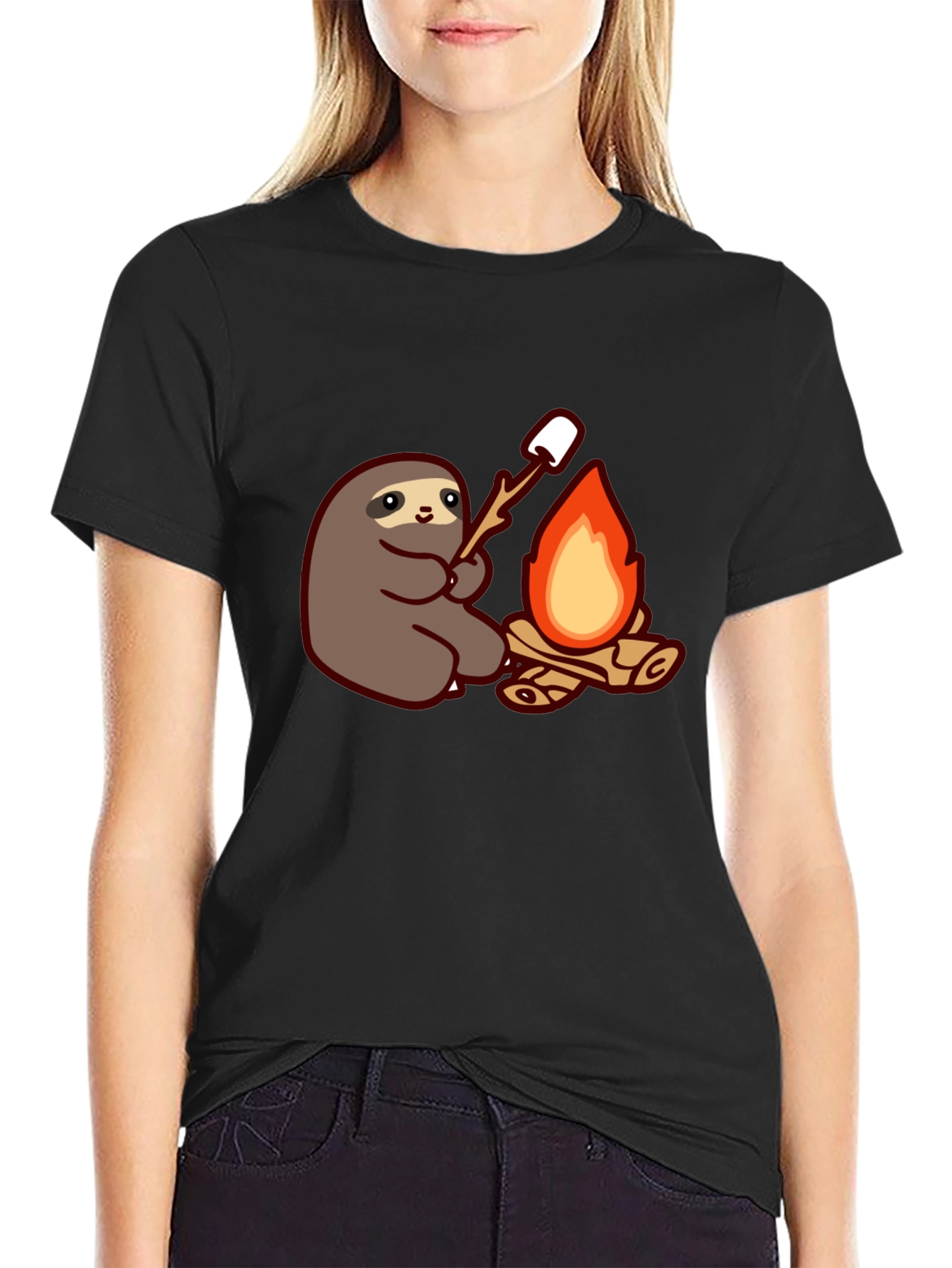 Camiseta Negra con Diseño de Perezoso Asando Malvaviscos